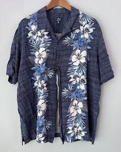 George Men's XL (46-48) Shirt Button-Up Hawaiian Floral Blue Collared Rayon